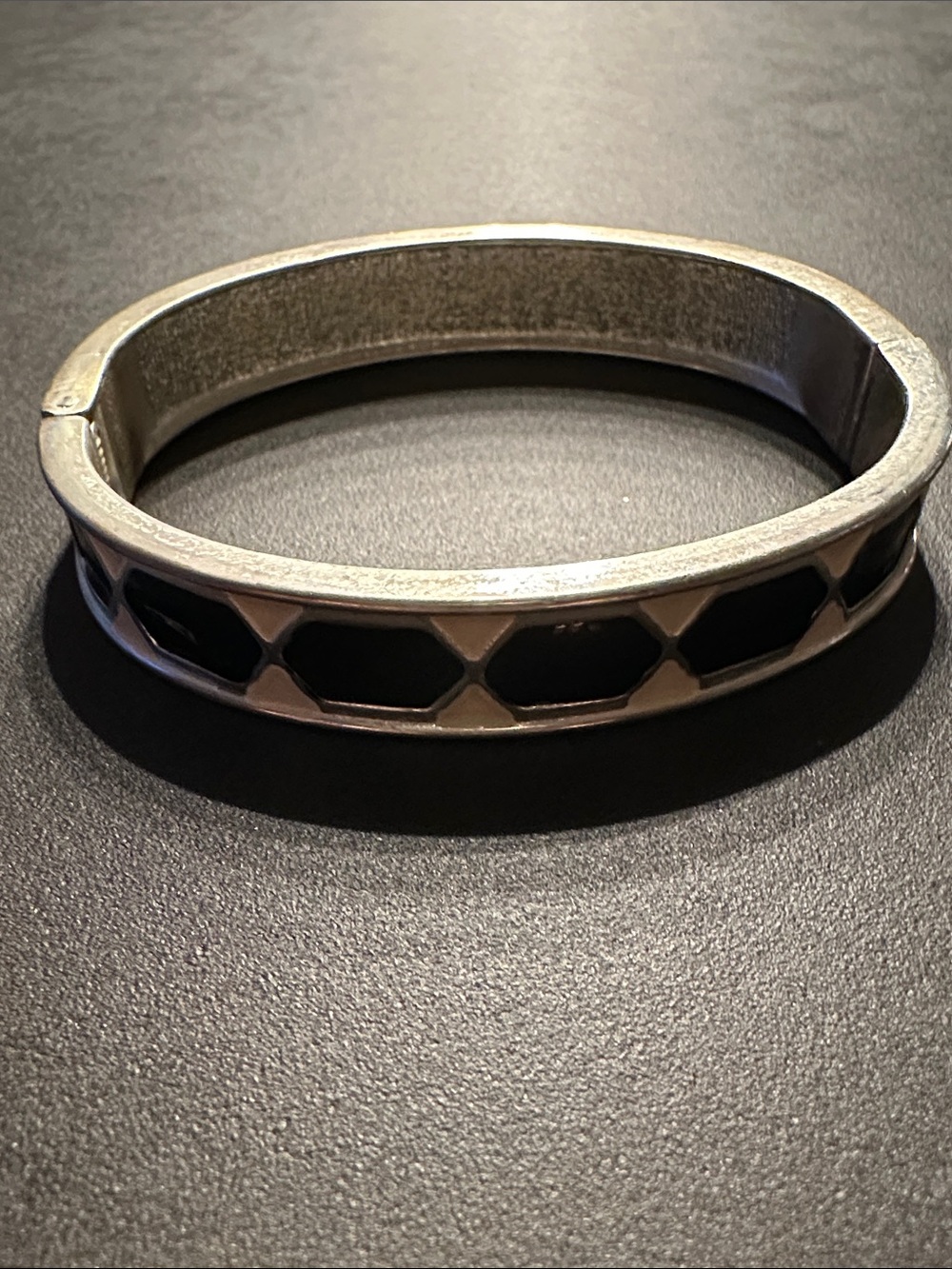 Silver Bangle Bracelet with Black and Ivory Enamel Inlay